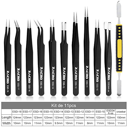 Zacro 11 Pcs Kit de Pinzas de Precisión, Tweezers Anti-Estáticas de Acero Inoxidable para las Electrónicas, Joyería, Laboratorio o Cosmetología, etc, Negro