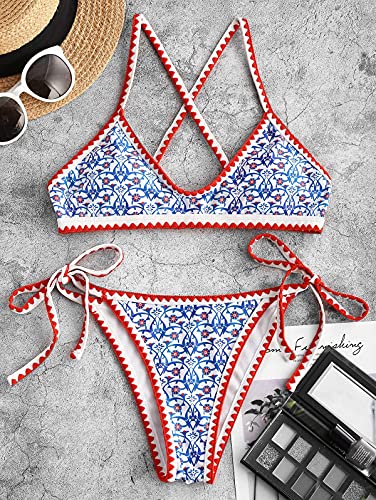 ZAFUL Bikini para mujer Ditsy Floral Bohemian Tie Whip Stitch Print Bikini Juegos de baño, azul-1, L