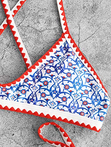 ZAFUL Bikini para mujer Ditsy Floral Bohemian Tie Whip Stitch Print Bikini Juegos de baño, azul-1, L