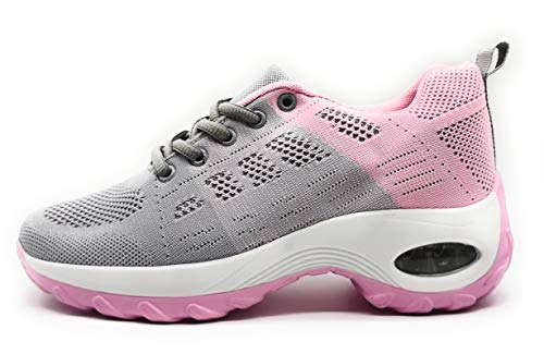 Zapatillas Deportivas para Mujer con Cuña de Camara de Aire Muy Transpirables y Ligeras con Bmabas con Plataforma Moda Deportiva Gris Rosa 39