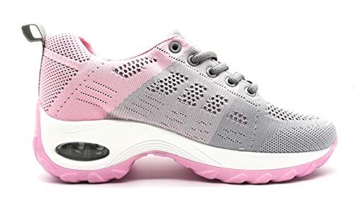 Zapatillas Deportivas para Mujer con Cuña de Camara de Aire Muy Transpirables y Ligeras con Bmabas con Plataforma Moda Deportiva Gris Rosa 39