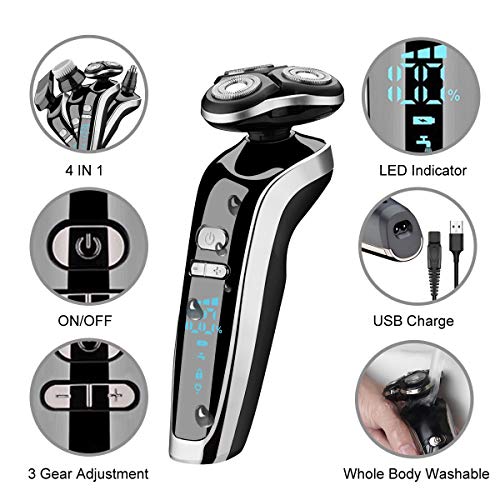 Zebbyee Afeitadora Electrica Hombre, Afeitadora Rotativa 4 en 1 Máquina de Afeitar Recargable con LED Display Recortadora Barba Nariz Impermeable Uso en Húmedo y Seco