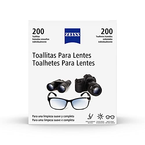 Zeiss Toallitas Limpiadoras para Lentes - Toallitas para Limpiar todo tipo de Lentes, Gafas, Móviles, Pantallas o Cámaras sin Arañazos, Secado Rápido, 200 Packs Individuales