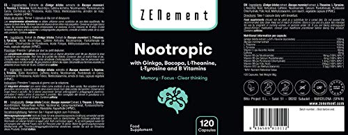 Zenement | Nootropico, con Ginkgo, Bacopa, Teanina, Tirosina y Vitaminas B, 120 Cápsulas | Memoria, Concentración, Agilidad Mental | Vegano, sin aditivos, sin alérgenos, No-GMO