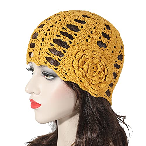 ZLYC Gorro de punto hecho a mano con diseño de calavera de ganchillo de algodón para mujer, Flor Amarillo, Talla única