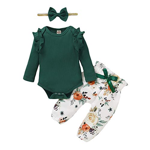 ZOEREA Conjunto de Ropa de Bebé Niña Manga Larga Mameluco con Volantes Mono Body + Pantalones Floral + Venda Recién Nacido Niñas Otoño Primavera Trajes 3 Piezas