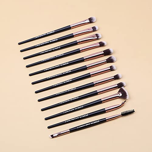 Z’OREYA - 12 Brochas de Maquillaje Pinceles profesionales primera calidad Estuche de viaje Producto belleza cosmética Cepillo negro rosa con fibra sintética Uso facial sombreado corrector delineado