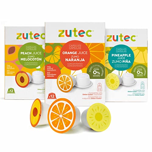 Zutec - Cápsulas de Zumo Surtido (Naranja, Piña y Melocotón) - Compatibles con cafeteras Dolce Gusto* - 3 Estuches de 12 cápsulas - 36 cápsulas