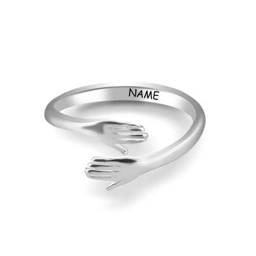 Anillo de abrazo personalizado, anillo de plata de ley 925 con nombre grabado, anillo abierto ajustable, pareja abrazándose, manos, anillo de dedo para mujer, mamá, día de la madre, cumpleaños