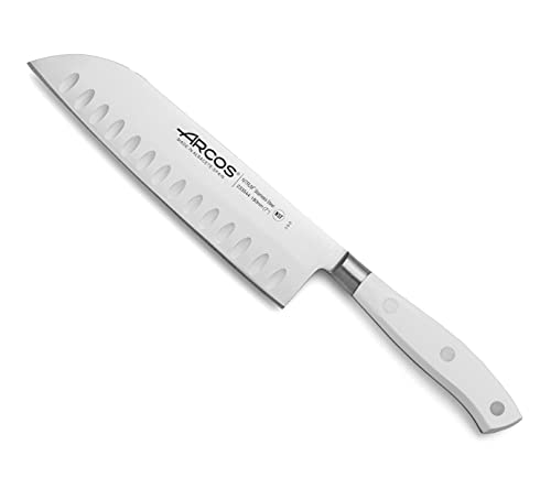 Arcos Serie Riviera Blanc, Cuchillo Santoku Cuchillo Asiático, Hoja de Acero Inoxidable Forjado Nitrum 180 mm, Mango de Polioximetileno, POM Color Blanco