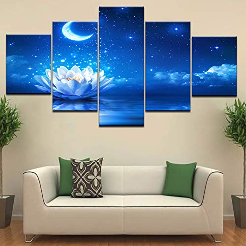 Arte de la pared de la lona Impresiones del cartel Imagen de la pared de la lona Cielo azul de la luna Flor de loto Pintura abstracta para la sala de estar Decoración del hogar Tamaño 1 con marco