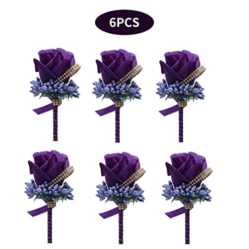 Artificial Rose Boutonniere Simulación Flower Corsage Groom Broche Pins para Boda 6pcs, Flor Boutonniere