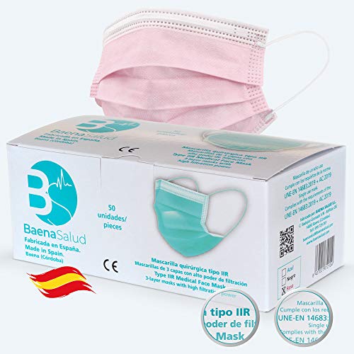 BAENA SALUD 50 Mascarillas Quirúrgicas, higiénicas, desechables, Tipo IIR, en color rosa, filtración (BFE) 98%, hechas en España