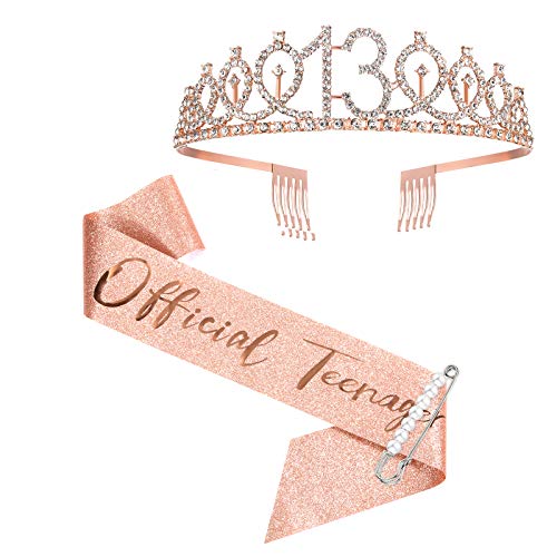 Banda y corona de 13 cumpleaños, banda y tiara oficial de oro rosa para adolescentes, regalos de 13 cumpleaños para felices fiestas de 13 cumpleaños