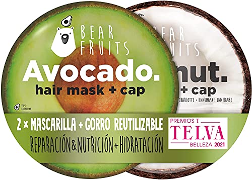 Bear Fruits Mascarilla Pelo Pack + Gorro De Ducha Reutilizable, Aguacate & Coco, Pelo Hidratado & Reparado