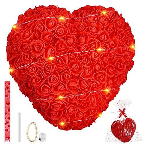 Becoyou Corazón de Rosas, Corazón de Rosas con Cadena de Luz, San Valentin Regalos Mujer, Ideas para San Valentin para Ella, Regalo para Mujer, Esposa, Novia (Rojo)