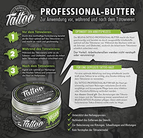 Believa Tattoo crema de mantequilla profesional - Mantequilla vegana para el cuidado del tatuaje (100ml)