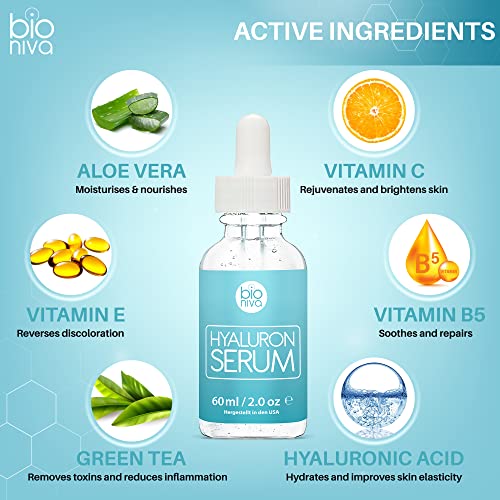 Bioniva suero de ácido hialurónico con vitamina C, té verde y vitamina E. Todo antiedad natural & antiarrugas Suero facial con ingredientes orgánicos para todo tipo de piel 60ml