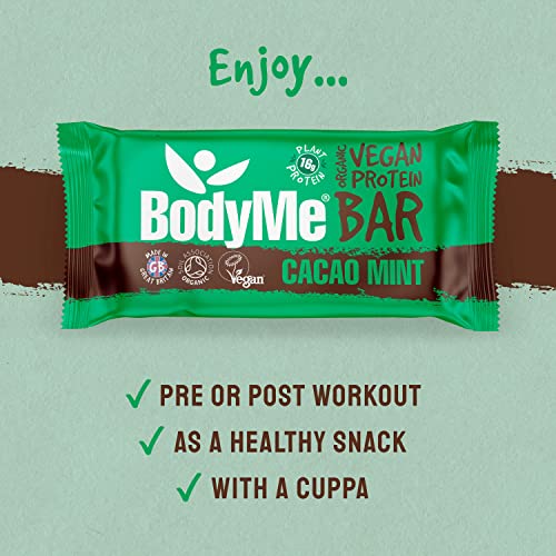 BodyMe Barritas Proteinas Veganas Organica | Crudo Cacao Menta | 12 x 60g Barra Proteina Vegana | Sin Gluten | 16g Proteína Completa | 3 Proteina Vegetal | Aminoacidos Esenciales | Vegan Protein Bar