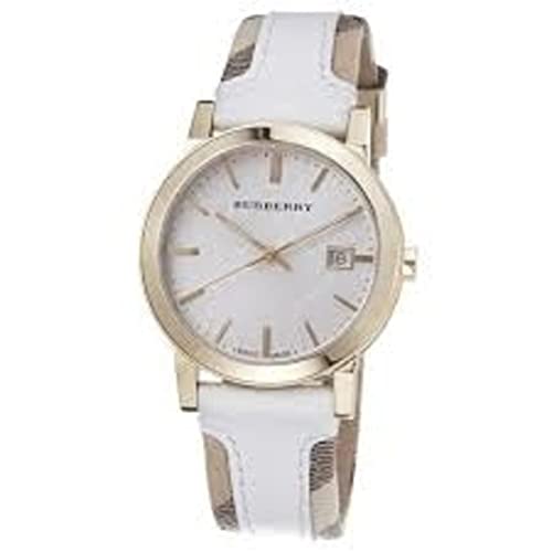 Burberry The City SWISS LUXURY Unisex hombres mujeres 34mm ronda oro rosa reloj blanco banda de cuero blanco fecha esfera bu9108