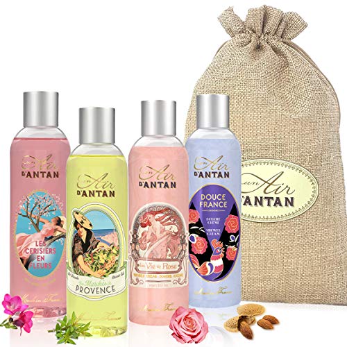 Caja Belleza 4 Gel de Ducha Mujer Un Air d’Antan® / 4 Perfumes Verbena, Rosa, Flor de Cerezo, Almendras/Formula Hidratante Piel Sensible/Pack 4x250ml/ Regalo de Mamá/Regalo Mujer Cumpleaños