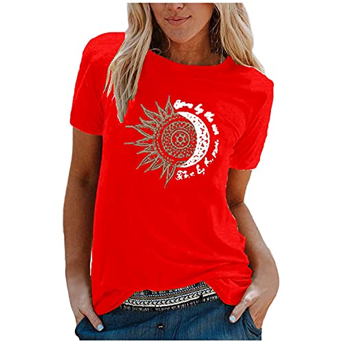 Camiseta de manga corta para mujer, diseño de sol y luna, suelta, cuello redondo, talla grande, rosso, S