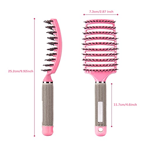 Cepillo de cerdas de jabalí, Rosa cepillo de nailon desenredante con cerdas de cerdo, cepillo curvado para desenredar el cabello para peinar el pelo para Cabello Largo, Fino, Grueso y Rizado,Rosa