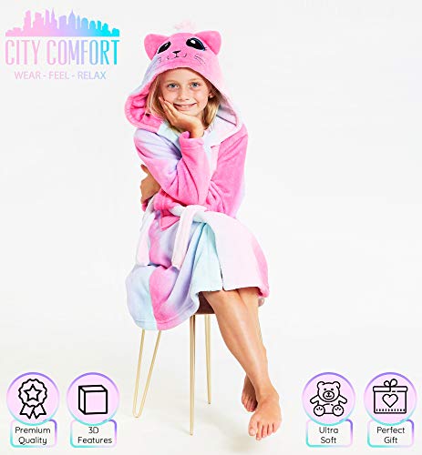 CityComfort Albornoz Niña, Bata de Casa Material Forro Polar Suave, Albornoces Infantiles de Gato y Unicornio con Capucha, Regalos para Niñas 5-14 Años (9-10 años, Azul & Rosa)