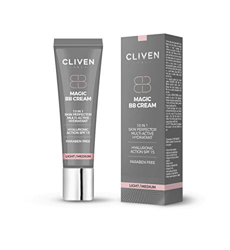 Cliven - Magic BB Cream 10-IN-1 - Crema hidratante con ácido hialurónico, corrector de ojeras, efecto iluminador y tonificante, base para color de la piel uniforme, 30 ml (claro) - Fabricado en Italia