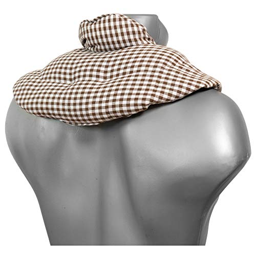 Cojín cervical térmico con cuello. moreno-blanco. Almohada térmica cervical con semillas de grosella. Saco caliente y frio con semillas. Cojín de nuca