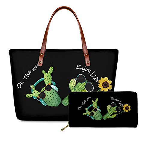 Coloranimal 2PCS/Set Funny Green Cactus Floral Gift Handbag Travel Shopping Top-handle Handbag Female + Slim Organizer Long PU Leather Clutch Wallets,On the way,Enjoy Life