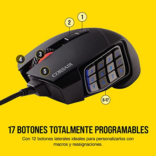 Corsair Scimitar Elite RGB Óptico MOBA/MMO Ratón para Juegos, 18.000 PPP Óptico Sensor, 17 Botones Programables, Retroiluminación RGB Dinámica en Cuatro Zonas, Forma Contorneada, Color Negro