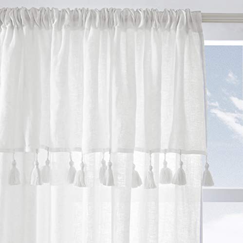 Cortinas de 100% lino puro – Cortina bohemia con borlas, cortinas con cinta fruncida, cortina opaca para salón moderna, cortina blanca bohemia, 135 x 250 cm, 1 unidad