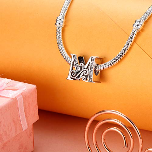 Cuentas de Alfabeto de Anti-sensible de Plata Charms de letras de Iniciales deste A hasta Z para Collar de Pulsera de Cadena de Serpiente, Regalo Especial para Niñas Mujeres Hijas Hombres (Letra M)