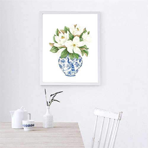 Danjiao Azul Y Blanco China Magnolia Hydrangea Impresiones Chinoiserie Art Canvas Painting Gallery Wall Art Picture Poster Trendy Wall Decor 2Pcs Sala De Estar Decor 60x90cm