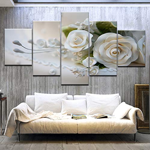 DGGDVP Cuadro de Arte de Pared de 5 Piezas sobre Lienzo Pintura Impresa Imagen Modular Moderna Lotes de Flores Rosa Blanca Tamaño 2 con Marco