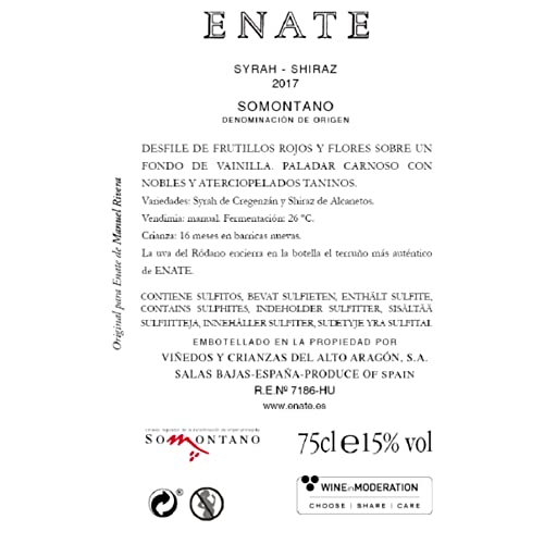 Enate Syrah Shiraz - Añada 2017, Vino Tinto-D.O. Somontano 75cl - Vino Tinto Muy Cubierto con Paladar Voluptuoso - Taninos Nobles y Aterciopelados - Fermentado en Barrica de Roble Europeo y Americano