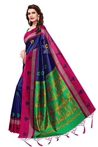 ETHNICMODE Indian Women's Art Silk Fabrics Multi-Colored Printed Sari with Blouse Piece (Fabric) Coconut Blue