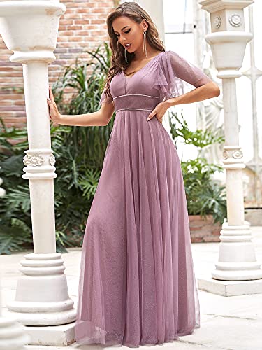 Ever-Pretty Vestido de Fiesta de Dama de Honor Largo para Mujer Escote en V Manga Corta Tul Corte Imperio Orquídea 50