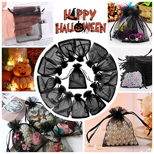 FLOFIA 100 Bolsas Bolsitas de Organza de Boda 7x9cm Negro de Carnaval Pequeñas Bolsas Regalo Organza Tul Joyería Joyas Caramelo Dulces Recuerdo Favores Detalles de Boda Arroz Decoración de Halloween