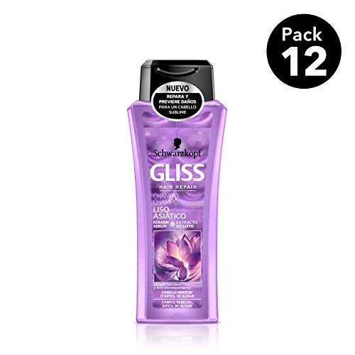 Gliss Liso Asiático Champú de Schwarzkopf- para Cabello Difícil de Alisar - 12 uds de 250ml (Total 3000ml)