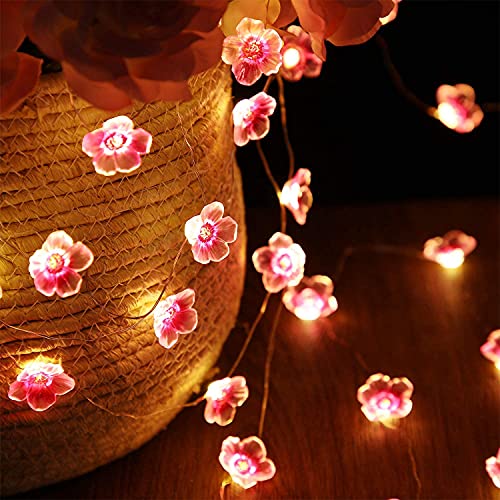 Guirnalda de luces de flor de cerezo para dormitorio de niña, luces de hadas rosadas de 13 pies, 40 ledes, USB y funciona con pilas, luces decorativas para interiores y exteriores