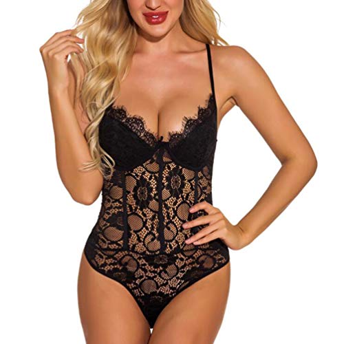 HEALLILY Lencería Sexy de Encaje de Peluche para Mujer Una Pieza Babydoll Mini Body Bordado Ropa Interior de Noche Lencería - Talla M (Negro)