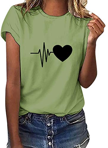heekpek Camisetas Mujer Verano Manga Corta Casual Camiseta Holgada con Estampado de Amor y Labios T-Shirt Mujer Short Sleeve Shirt, Aceituna, L