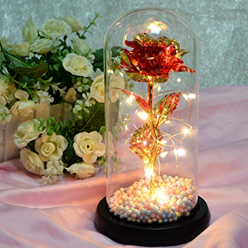 Heerda Rosa Eterna, Representa el Amor Eterno, Elegante Cúpula de Cristal con Base de Madera Luces LED Ideal para el Día De San Valentín/Día de La Madre/Aniversario/Boda/Regalo