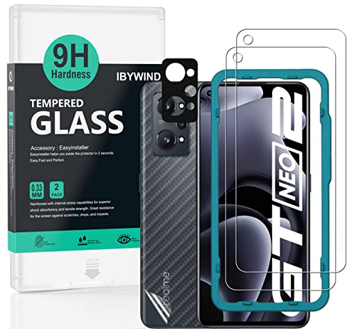 Ibywind Cristal Templado para Realme GT Neo 2 5G,[2 Piezas],con Metálico Protector de Lente de Cámara,Atrás Pegatina Protectora Fibra de Carbono, Kit de instalación fácil