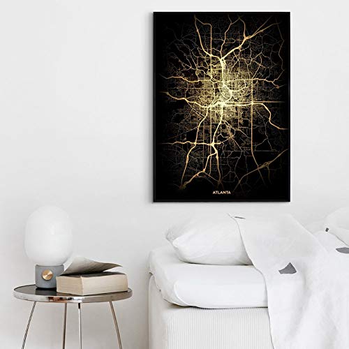 Impresión De Lienzo, Ciudad de atlanta Póster De Mapas De Luz De La Ciudad Negra Y Dorada De La Ciudad, Arte Del Mundo Personalizado, Pintura En Lienzo, Arte De Pared Para La Decoración D,50*75cm