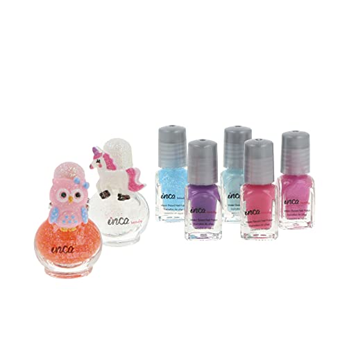 INCA. Set de 7 Pintauñas Niñas lavable con agua + Anillos intantiles. Fácil de eliminar lavando las manos. Esmalte de uñas no tóxico.Incluye 7 esmaltes base agua en colores y purpurina