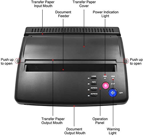 InLoveArts Máquina de transferencia de tatuajes Impresora de plantillas de tatuajes Máquina fotocopiadora térmica con 10 piezas de papel de transferencia térmica de tatuajes y 500 patrones digitales