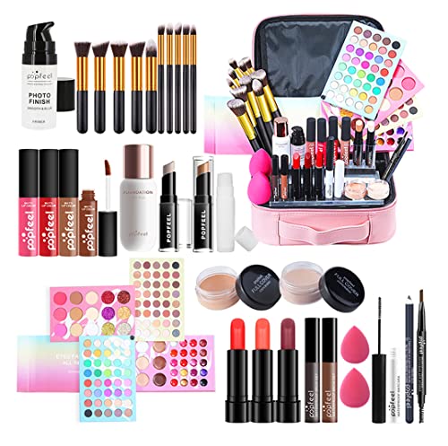 JasCherry Juego de maquillaje para Mujer, 33 Piezas Set de Maquillaje Profesional con Bolsa de Viaje Rosa Portátil -Kit de Cosméticos Todo en Uno Completo Con Sombras de ojos Lápiz Labial Ocultador